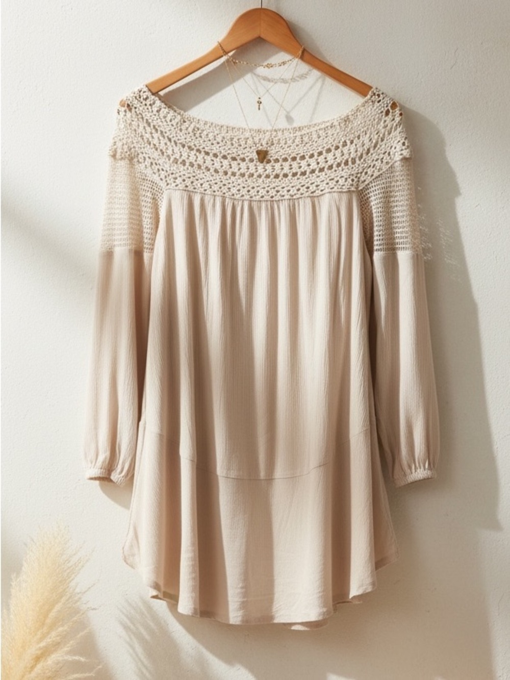 Umgee Boho Crochet Lace Off The Shoulder Neutral Mini Dress Size S